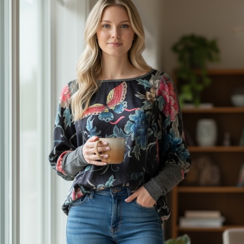 ANTHROPOLOGIE Tiny Mixed Media Floral Butterfly Long Dolman Sleeve Top Size XS